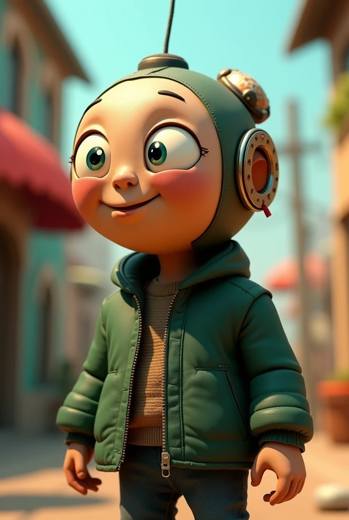 A bomb-headed guy with a dark green jacket and that is animated