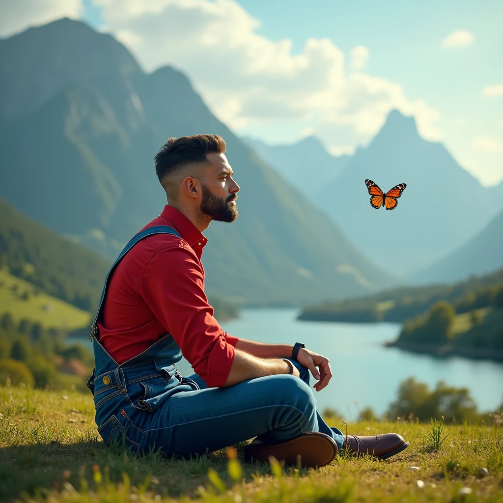 A man with short hair, barba, beautiful place, sitting on the floor, High definition, fancy dress, denim overalls, red shirt. A butterfly flying towards you.