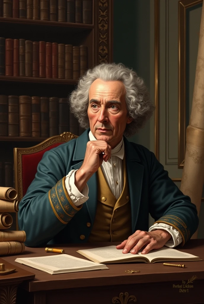 Create an image of the thinker Montesquieu who promotes the division of state powers during the Enlightenment