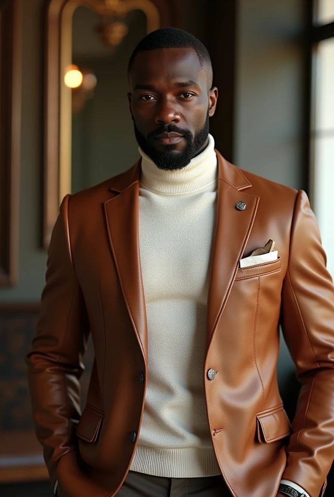 Strong forty year old black man, very elegant and sophisticated, with a goatee, knitted shirt with round neck, white, genuine leather blazer jacket, Italian cut in coffee and sand colors, with large diamond buttons.
On the lapel it says DL Italian loafer shoes The model is in a jockey club