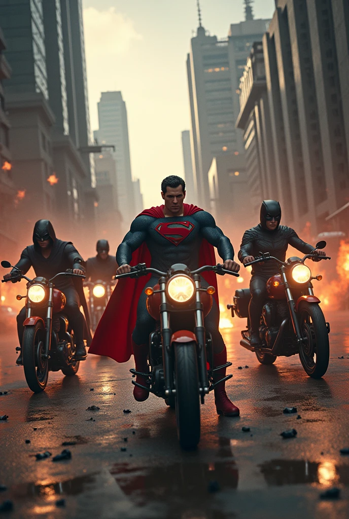 The Justice League fighting against men in red shirts and black hoods who have motorcycles and carry 50-caliber firearms on the streets of Venezuela