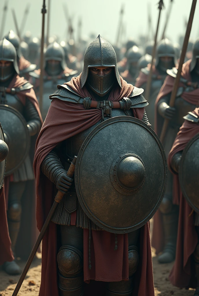 A big group of lot warriors with shields on their bodies ready to war stayed in one place