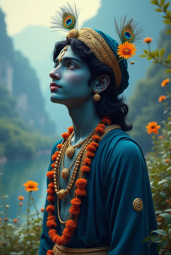 Lord krishna thinking about future , with text happy krishna janmasthami