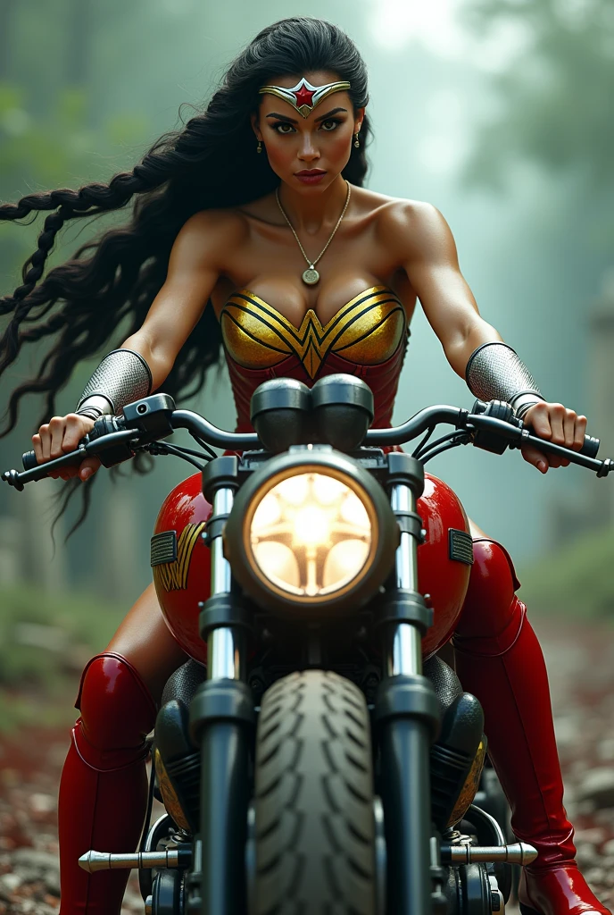 (((In extreme close-up, a beautiful woman riding a high-powered futuristic motorcycle))),(((Cali Green and Yellow Wonder Woman Scale One Piece Suit (((Suit that covers your entire body))),(((Wonder Woman red corset over jumpsuit ))),(((Black hair gathered in a braided ponytail))),((((Hair six feet long blowing in the wind)))Silver metal diaema with a red star on its forehead Long silver bracelets Long red boots above its knees Blood around it (((cursed cemetery))),(((Bloody and terrifying images of a high-displacement red motorcycle with Wonder Woman logos)))