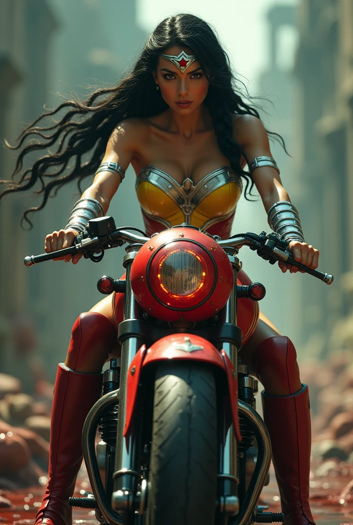 (((A beautiful woman riding a futuristic high-powered motorcycle (((Burnt yellow one-piece suit with scales that covers the entire body))),(((Red and blue Wonder Woman corset)))Long black hair Silver metal diaema with a red star on her forehead Long silver bracelets Long red boots up to her knees Blood around her (((cursed cemetery))),(((Bloody and terrifying images of a high-displacement red motorcycle with Wonder Woman logos)))