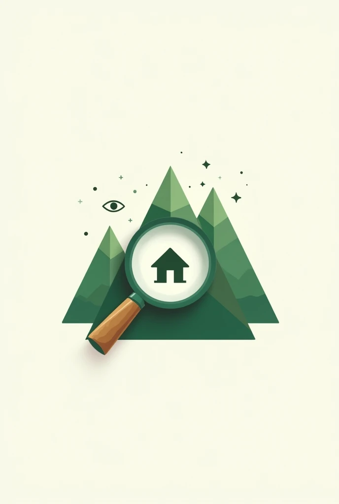 Logo for "Mountain Peek" with 'tilted magnifying glass' and a house inside it with illuminati eye. Vector-like logo with green mountains background