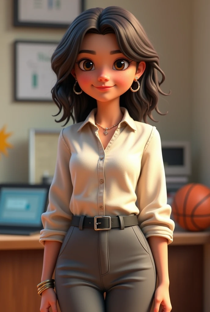  ager, with dark brown hair, dark brown eyes, wavy hair somewhat curly, Shoulder-length hair cut in layers, parted almost in the middle but not completely in the middle, somewhat disheveled, without bangs but with strands around the face, not so skinny, White skin, 1.65cm tall, not so skinny pero tampoco gorda, somewhat round face, small nose and mouth, eyes not a little Chinese but big. Include something related to excel in the background, basketball, programming, chemistry, and win medals or competitions. cheered up. CLOTHES: grey formal dress pants, button down dress blouse, black belt, Small hoop earrings with a silver-plated hanging cross and silver-plated rings. that looks young, study high school. not anime style. Make it animated something 3D. Strike a more casual pose. Keep what I asked for in the background. Smile without showing teeth. not so thin. More disheveled, a more adolescent air. Eyes not so far apart, a little more disheveled.