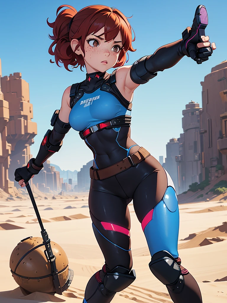 (masterpiece), (best quality), ((one girl)),alone, red hair,((brown eyes)),short curly hair, anime style, freckles, (small breast) (petite figure), blue and black cyberpunk outfit, leggings, knee pads, battle outfit, legs((desert background))