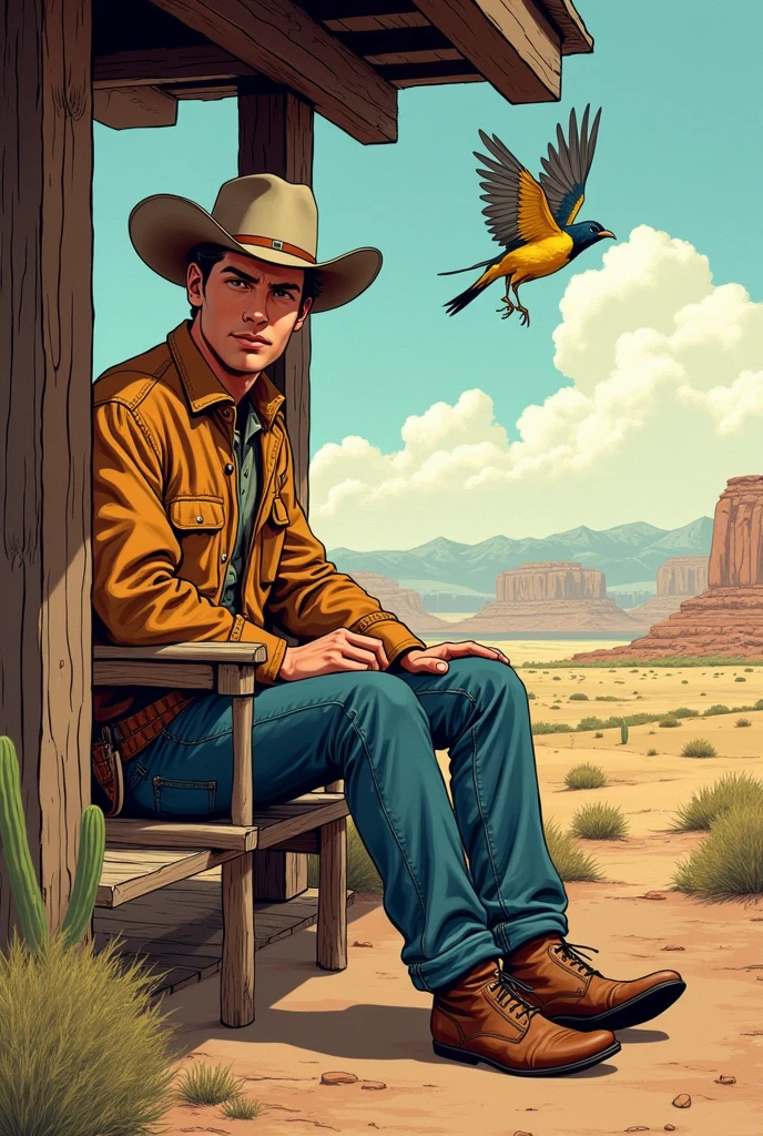 Hyperrealistic color comic 1950s a young cowboy sits on the ranch porch in the desert a lark flies around him