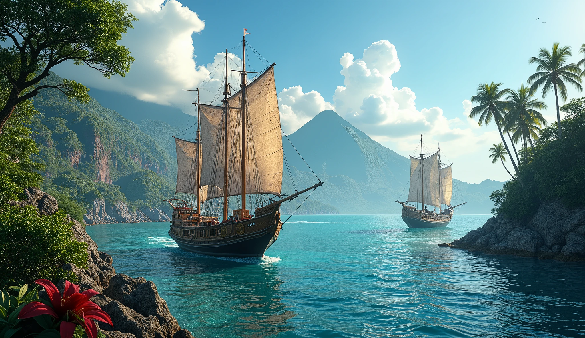 Ancient Ternate island, Maluku, Indonesia, Corcora ships, hyper realistic, masterpiece, best quality, ultra-detailed, UHD, 64K