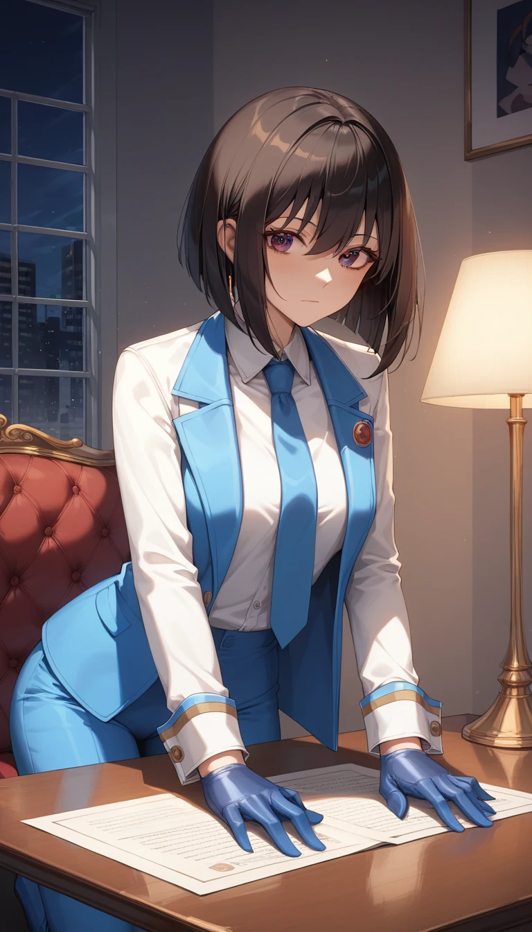 score_9, score_8_up, score_7_up, source_anime, best quality, amazing quality, very aesthetic, 1girl, a close up of a person in a suit and tie with a mask on, female spy, starshadowmagician, 1girl, brown eyes, wariza, medium hair, bob cut with layers, black hair, wearing a strict business suit, blue uniform, white shirt, Long-sleeved shirt, blue grey tie, blue formal coat suit, leather gloves, blue trousers, a woman sitting on table, interrogation room with one burning lamp, night days,