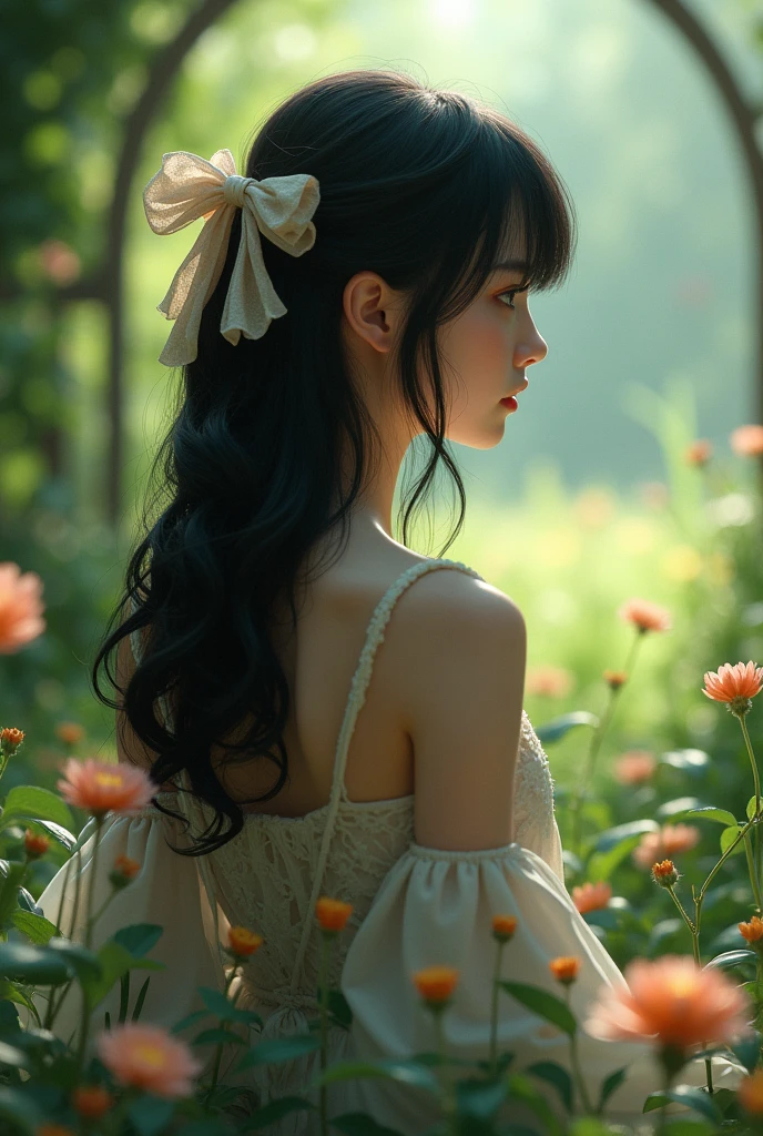 a girl from behind, black hair, king, with Coquette bow in hair, sitting in the garden