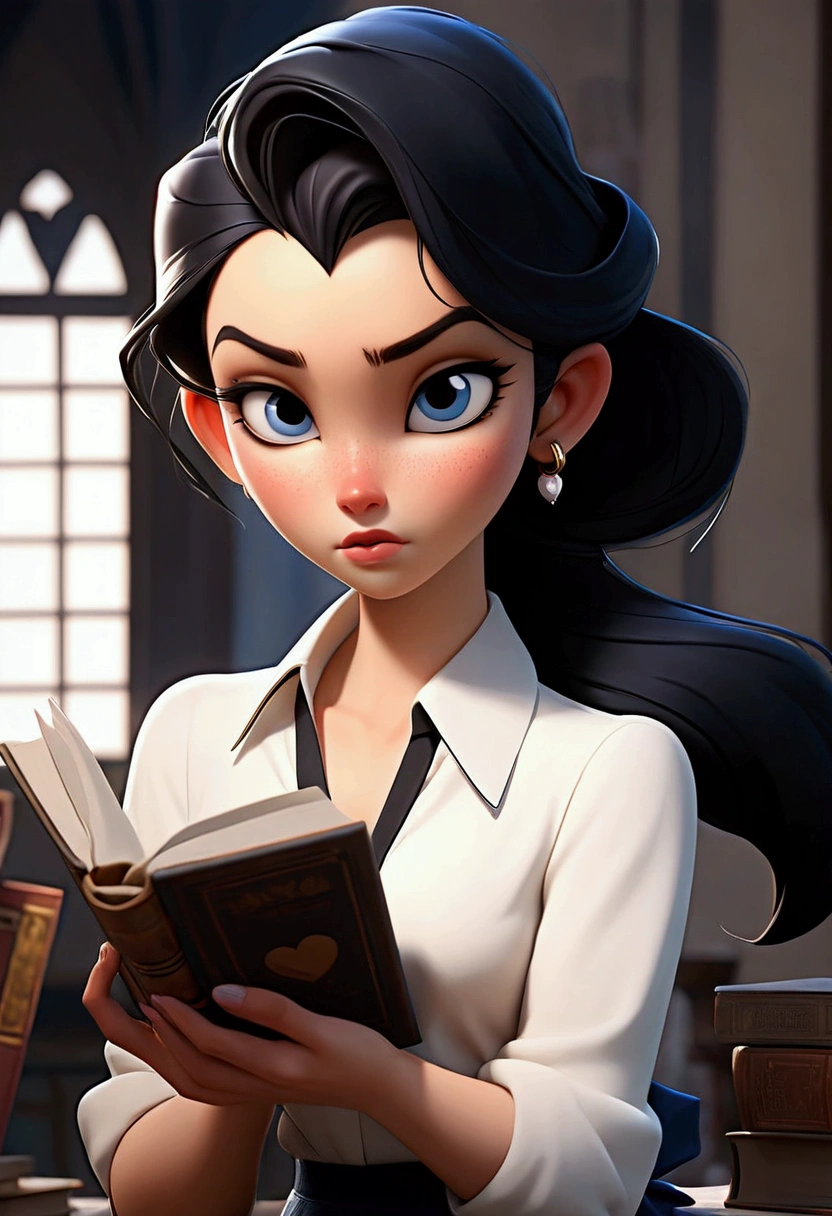 girl, clear skin, light pink lips, dark blue eyes, waist length straight black hair in a ponytail, a white shirt, Black pants, he would be, a blue heart necklace, slim, with a book in hand