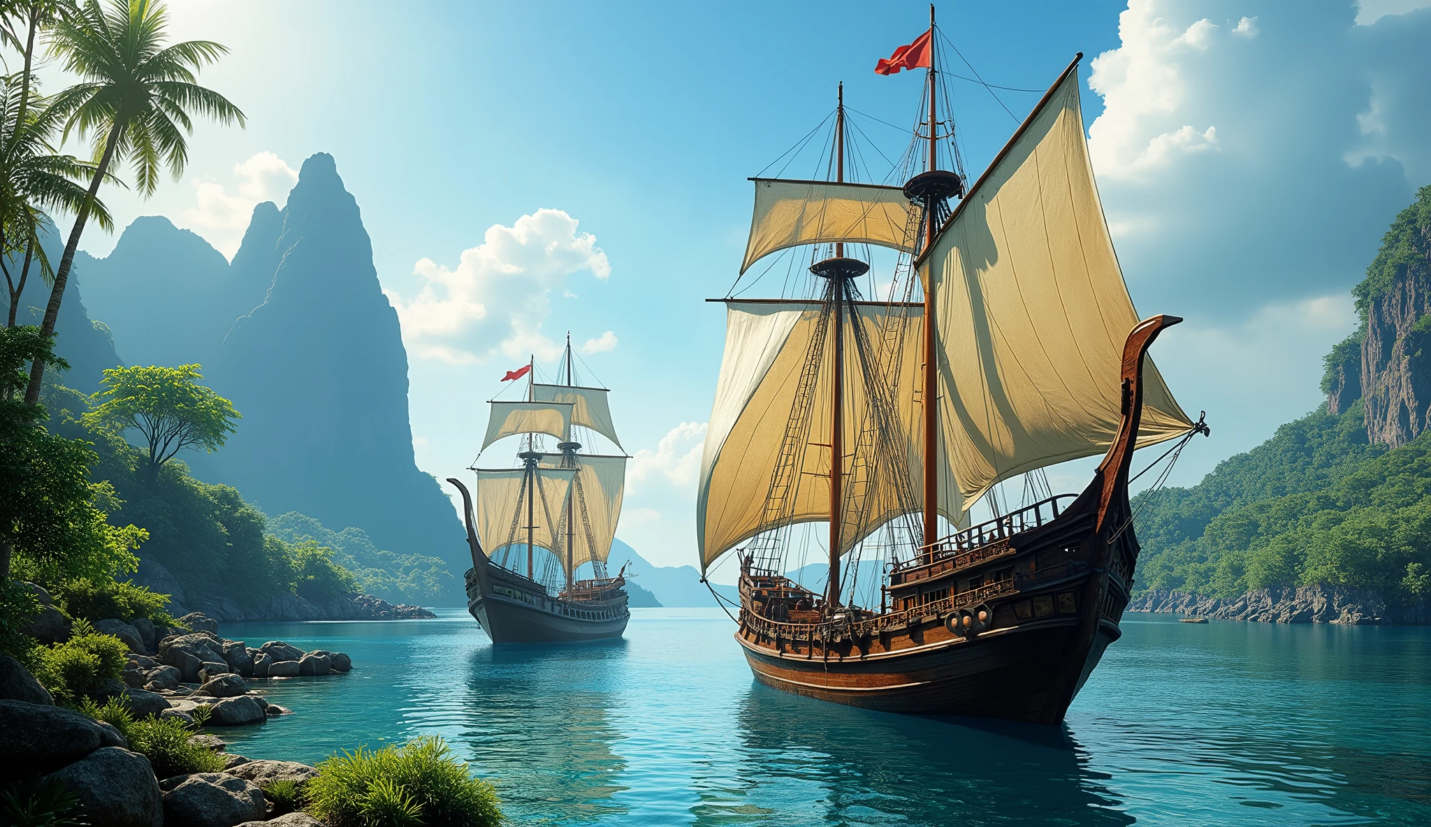Ancient Ternate island, Maluku, Indonesia, Corcora ships, hyper realistic, masterpiece, best quality, ultra-detailed, UHD, 64K