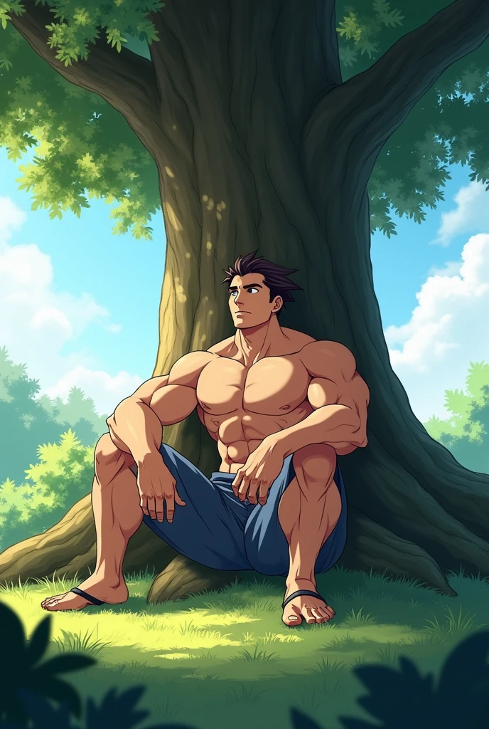 (solo, full body photo:1.3, anime), sitting under a tree, muscular man, leg crossed