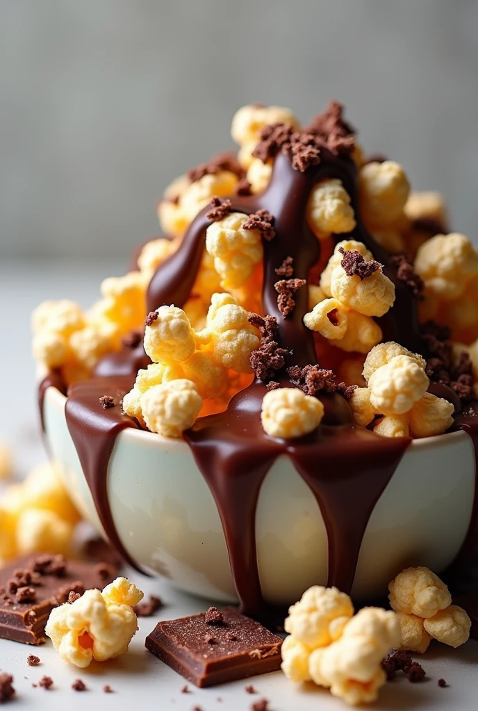 popcorn and topped with chocolate fudge sauce