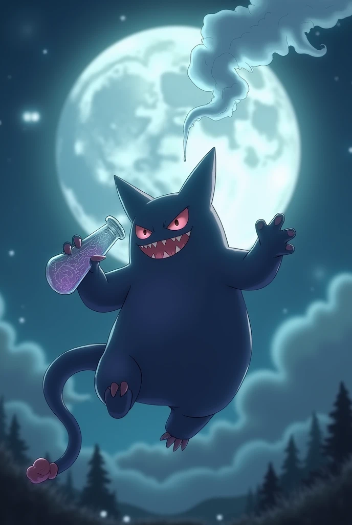 Create an image of the floating gengar smoking a bong with the full moon in the background