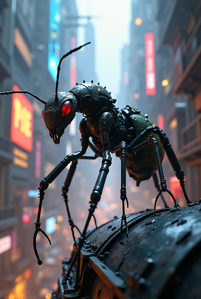 A ant cyborg in cyberfunk city
