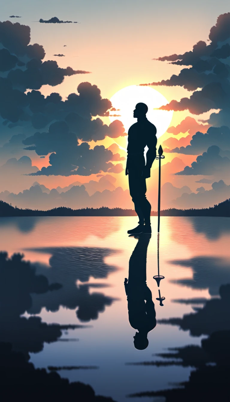 A Strong Buddhist muscular man stands in the smoke, Black jumpsuit, Very tight, Silhouette effect, Tall muscular man, Priapus, Dark Black, Dark black skin, Buzz Cut, His muscles are very developed, Very tall, short hair, Blend into the smoke, Lake, Reflection, Sunset, Sunset, Man silhouette, Chinese, black and white, Simple style