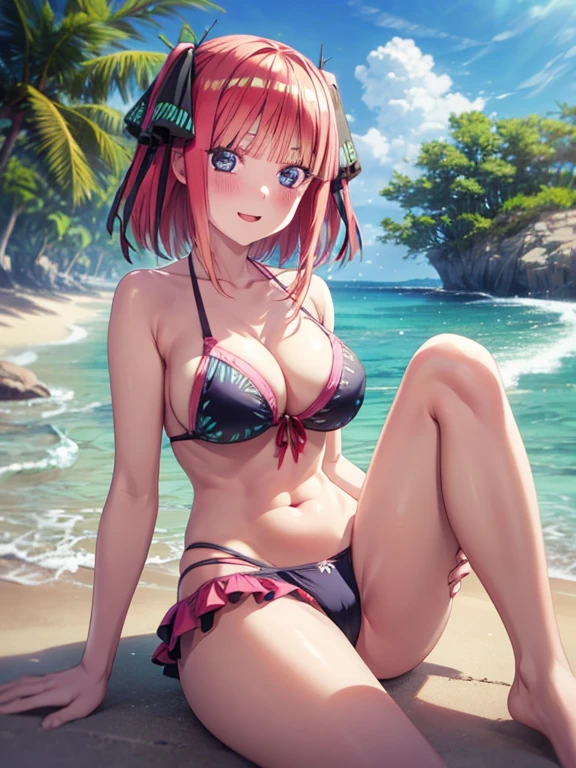 best quality, insanely detailed, nino nakano, breasts, blush, seaside background, looking at viewer, cheerful eyes, arousal, bikini tops, short Underwear, tankini, full body, spread legs