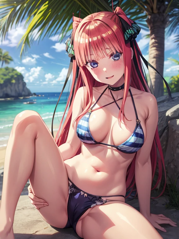 best quality, insanely detailed, nino nakano, breasts, blush, seaside background, looking at viewer, cheerful eyes, arousal, bikini tops, short Underwear, tankini, full body, spread legs