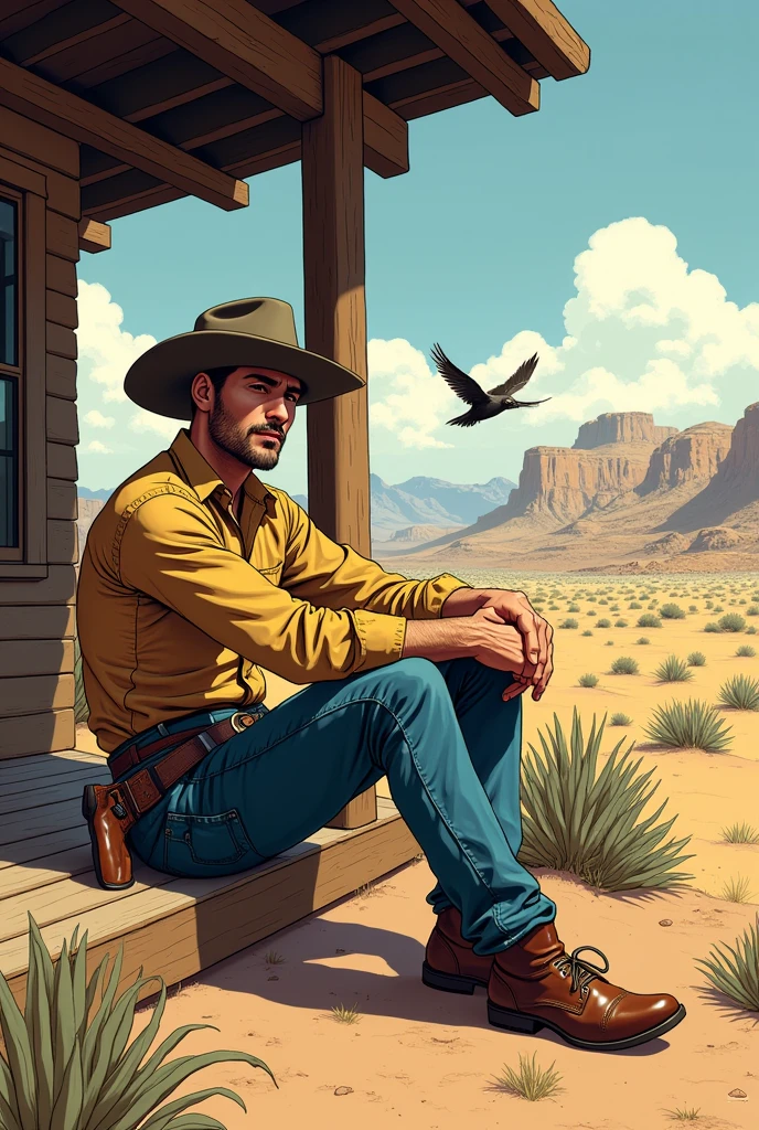 Hyperrealistic color comic 1950s a young cowboy sits on the ranch porch in the desert a lark flies around him
