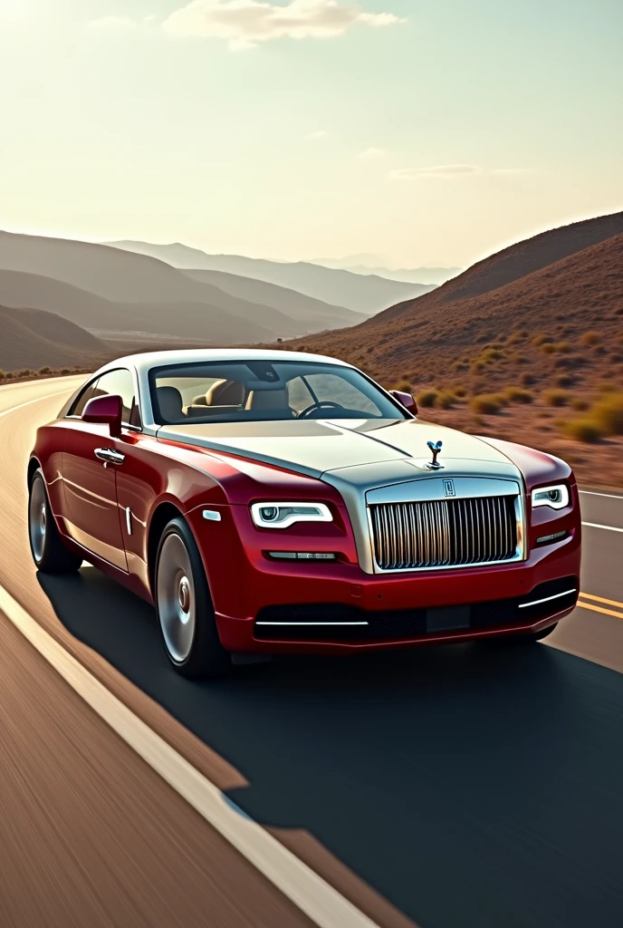 Crete image of a luxury rolls royace car of cherry red colour, it should be standing on an empty highway, flexing its glorious magnificence.