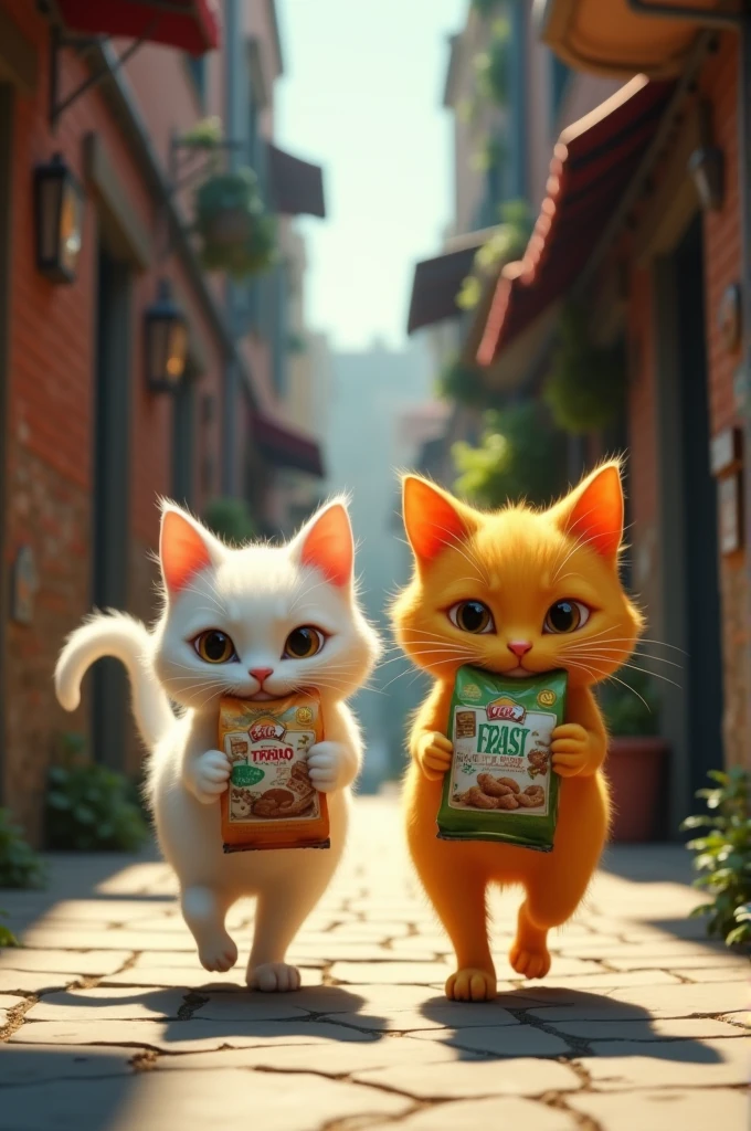 White cat and yellow cat walking down alley , They both have bags of cat food in their mouths