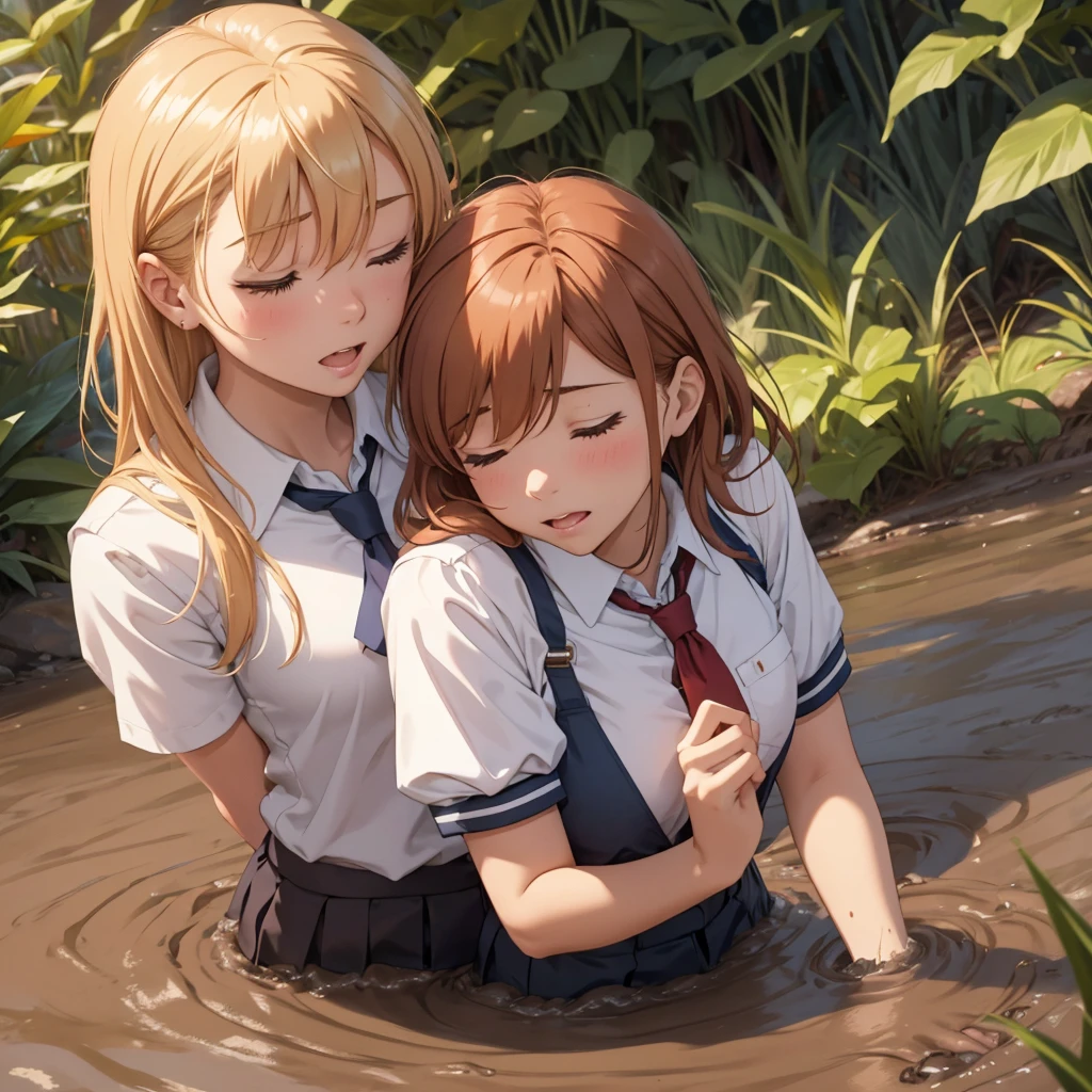 Romance students, two girls students in school shirts, lesbian couple, blonde or ginger, beautiful, alumnaxalumna, classmates, (kissing passionately:1.3), facing each other, mouth to mouth, sinking deep in the middle of quicksand, bog, swamp, marsh, muddy, messy, deep mud, orgasm, intimate moment, closed eyes, passion, 