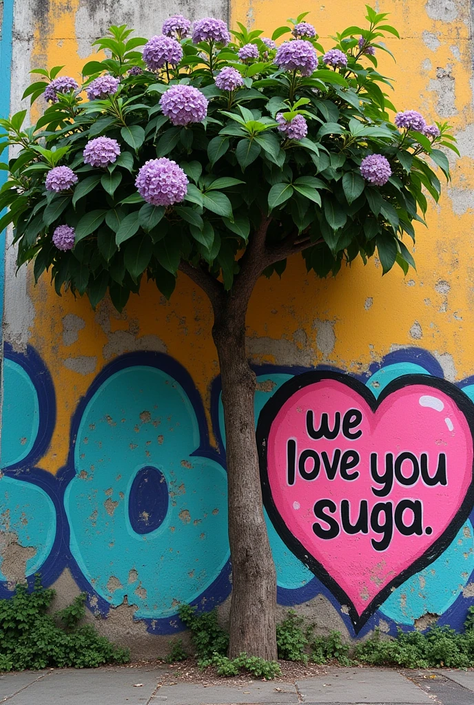 image of a wall on a street in Brazil with a tree with purple flowers nearby, with a writing on the wall fair with graffiti saying 'we love you Suga'