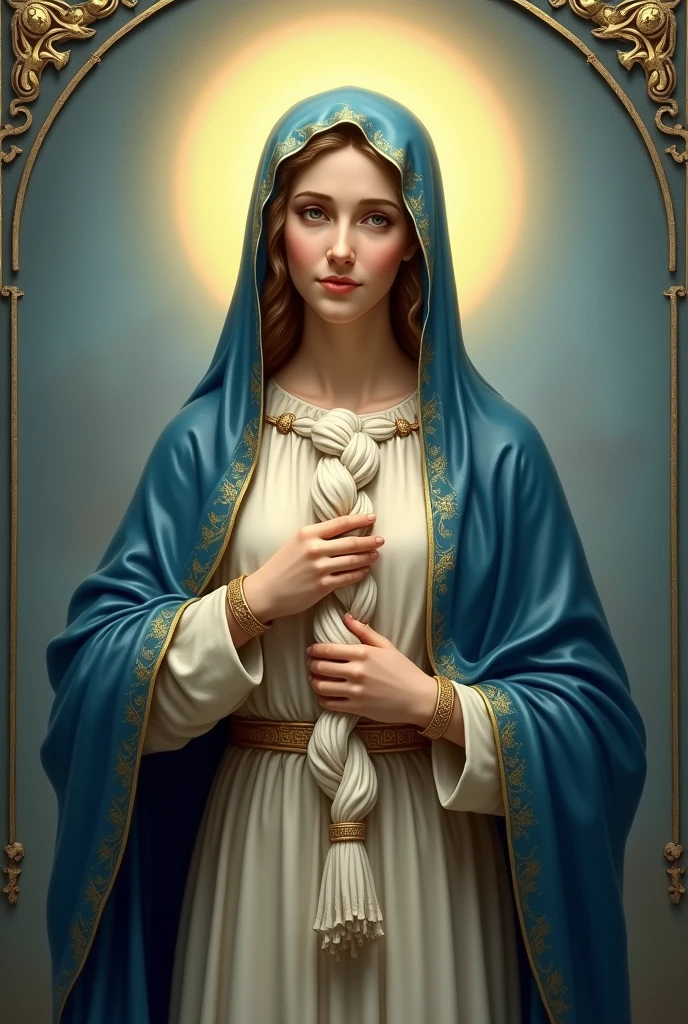 "Create five high-definition images of Our Lady Undoer of Knots, presenting it in a traditional artistic style. Mary must be represented with a serene and maternal expression, with a deep blue cloak and a white tunic. Your eyes should convey compassion and wisdom.
The image should include subtle details, like a white and gold sash or ribbon, that she is holding or that is being undone by her hands, symbolizing the action of untying the knots. The cloth of Mary's garment should have a soft shine, reflecting heavenly light.
Ao fundo, a halo of soft, golden light should emanate, creating an aura of holiness and peace around Mary. The background should be a soft gradient of blue and gold tones., evoking a sense of serenity and divinity. Add subtle decorative elements, like small symbols of ropes or undone knots integrated into the background.
Include refined details, like delicate textures in the garments and a serene expression on Mary's face. Make sure the image is of high quality and resolution., with special attention to detail and clarity."