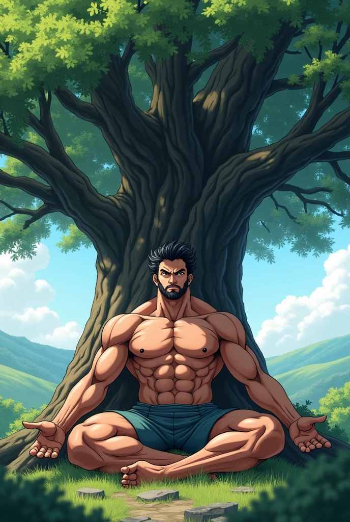 (solo, full body photo:1.3, anime), sitting under a tree, muscular man, legs crossed