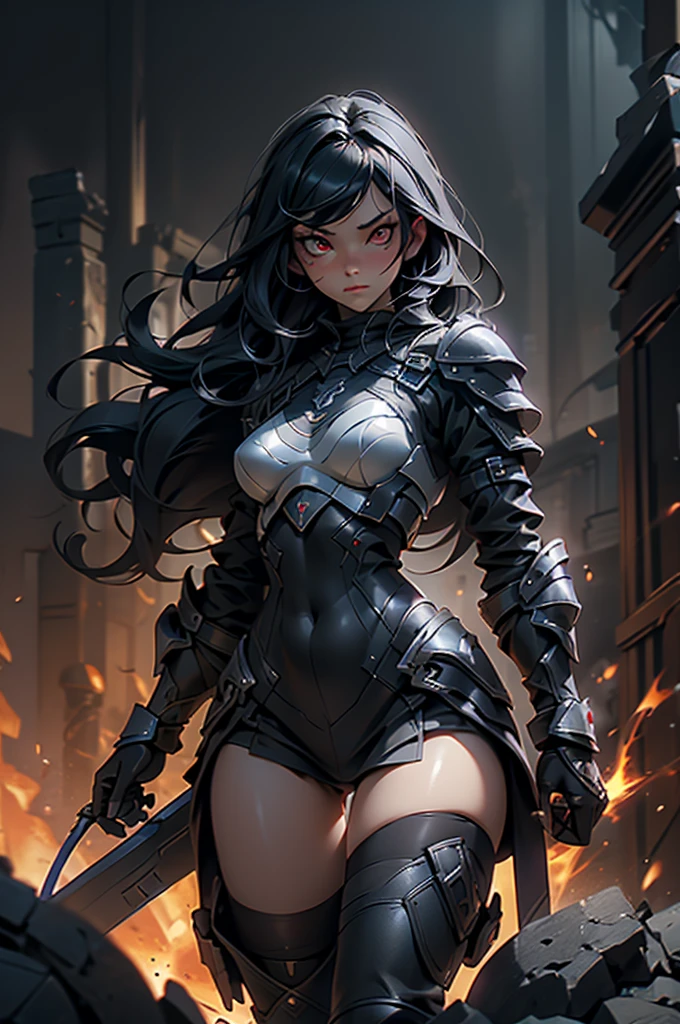 Dark-haired Scandinavian girl wearing half-plate armor and a frilly skirt over a skin-tight black bodysuit, (Long black hair:1.4), Red eyes,Attractive breasts、High resolution (High Dynamic Range), Ray Tracing, NVIDIA, Super Resolution, Scattered under the surface, Anisotropic Filtering, Written boundary depth ,Maximum clarity and sharpness, Surface Shading, Dramatic lighting、In the burning ruins、Flames and smoke in the background