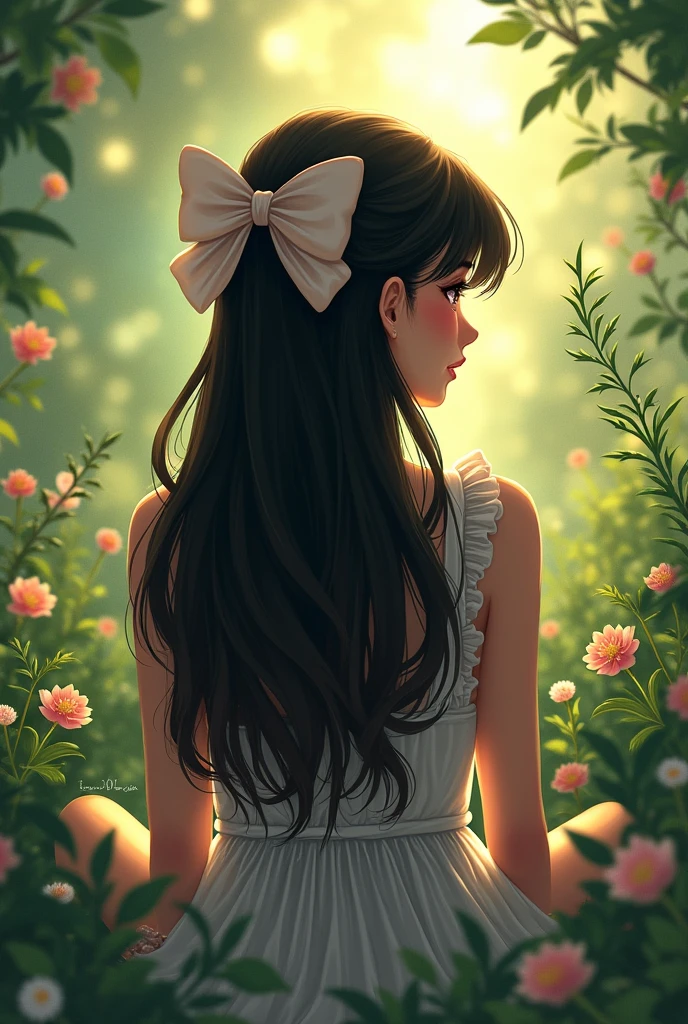 a girl from behind, black hair, brown skin color, with Coquette bow in hair, sitting in the garden