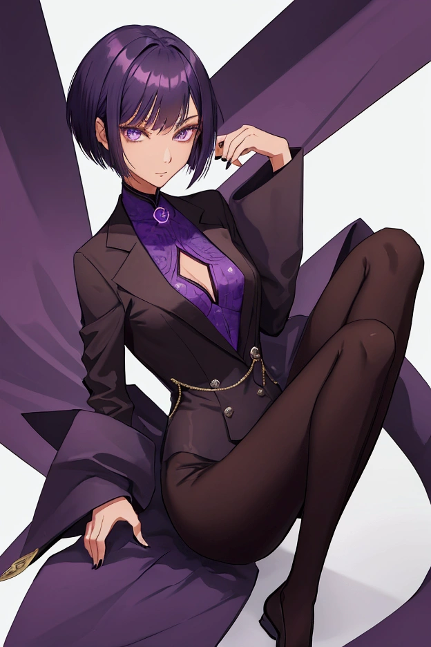 Niwa is a tall women dressed in a black business suit with Light brown skin, fox like eyes, purple irises, Dark purple bob haircut, is flat chested and has an Asian descent look.