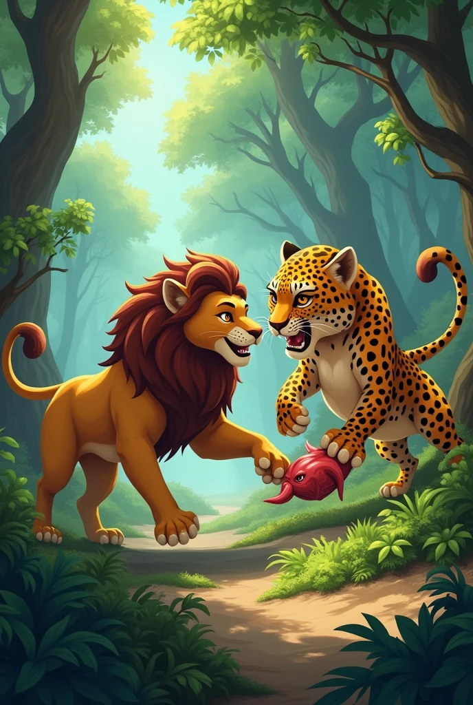 Animated lions image, leopards competing for prey 
