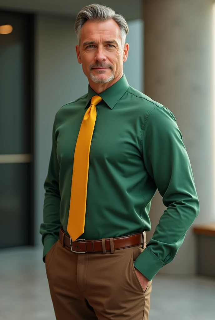 Man with brown pant and green shirt with yellow tie