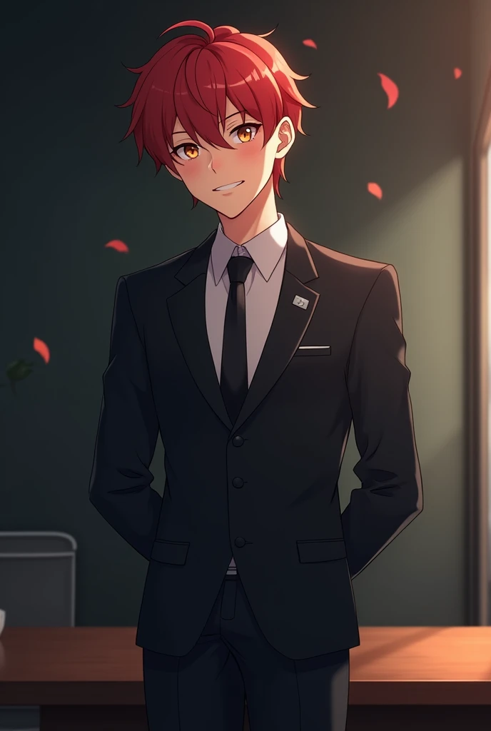 create an anime style image, There is a young adult man, White skin, red hair and hazel brown eyes, He is wearing a black suit with a tie, He is standing next to a table with his hands behind his back and looking shy., The boy smiles shyly and there is a slight blush on his cheeks. The background is of an office that is dark. In the picture he is seen from head to toe. anime style