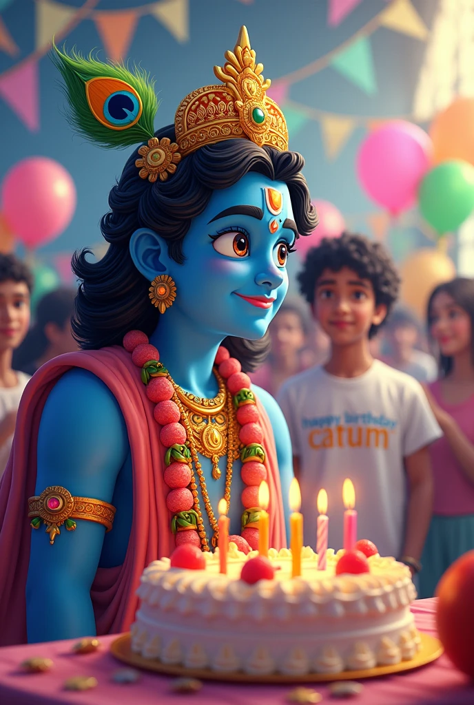 A real image shows Lord Krishna cuttings a birthday round cake on the table which has "Happy Janmashtami" clearly written in big letters, and standing next to him is a real 1 boy wearing like a white T-shirt which has "Harish" clearly written on it, the boy is wearing a watch bracelets, stylish black hair, the two are in a love temple, the temple is decorated with beautiful lights and balloons.