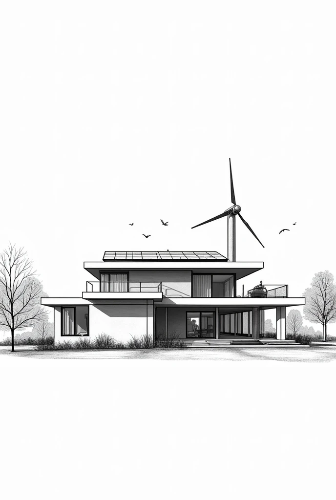 Sketch a residential house design with rain water catchment, solar panel and small windmill... Make it black and white and don't put plants on the back ground