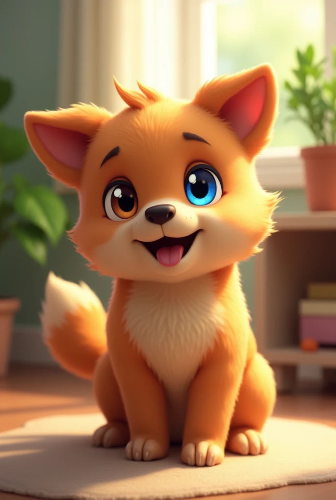 A brown dog with white, one blue eye and one brown eye, short tail and very happy