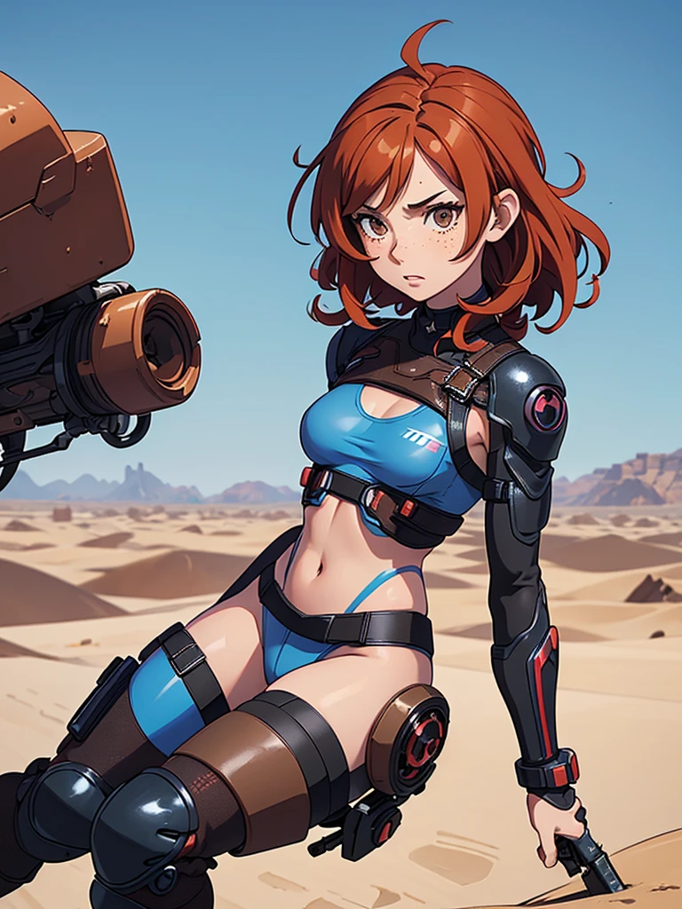 (masterpiece), (best quality), ((one girl)),alone, red copper hair,((brown eyes)),short curly hair, anime style, freckles, (small breast) (petite figure), blue and black cyberpunk outfit, leggings, knee pads, battle outfit, legs((desert background))