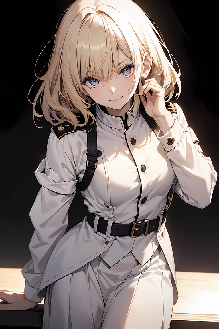 (Super sexy pose:1.2), One Girl, whole body, White one-piece military uniform, (Tabletop:1.2, Highest quality), (Beautiful, detailed eyes: 1.2), (Beautifully detailed face), High Contrast, (Best lighting, Very delicate and beautiful), ((Cinematic Light)), Dramatic Light, Deep orange eyes, small, Below the belt , White military uniform, White Skirt,Blonde, Black tie,  (Pale white background:1.5), Wolf Cut Hair, Look at me and smile,