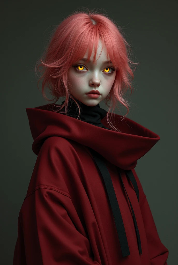 A girl that have redish but dark pink hair, she ahve yellow eyes and dark red clothes that are oversized