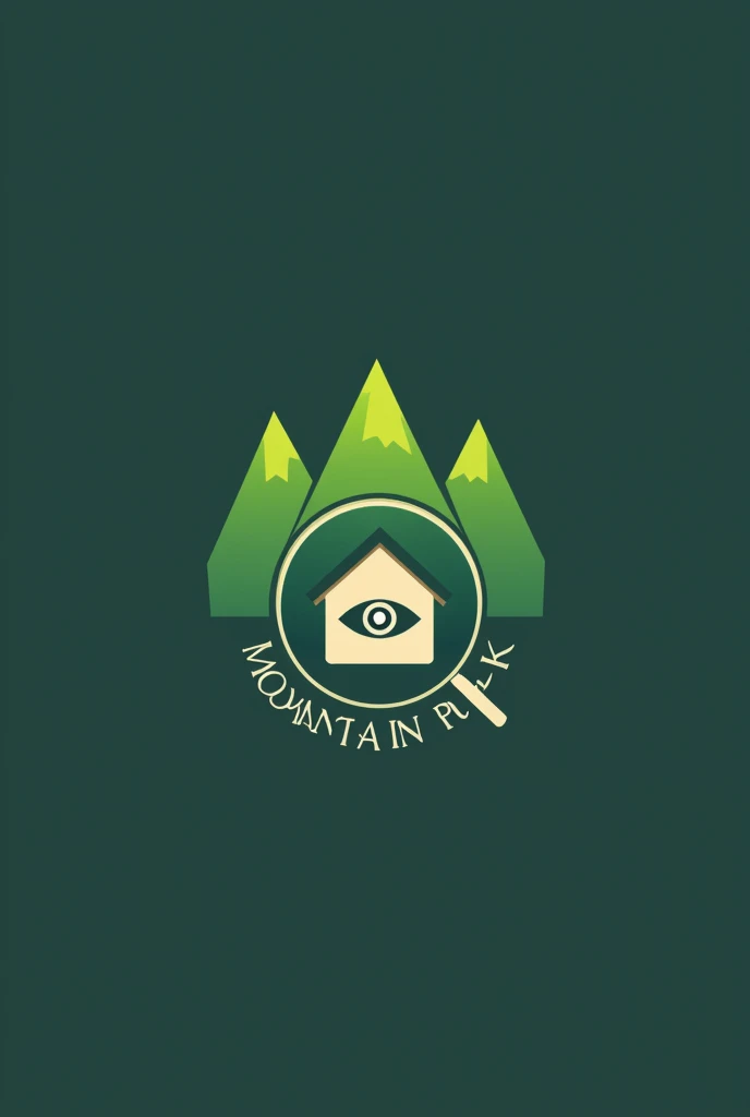 Logo for "Mountain Peek" with 'tilted magnifying glass' and a house, inside it with illuminati eye. Vector-like logo with green mountains background