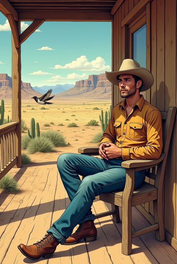 Hyperrealistic color comic 1950s a young cowboy sits on the ranch porch in the desert a lark flies around him