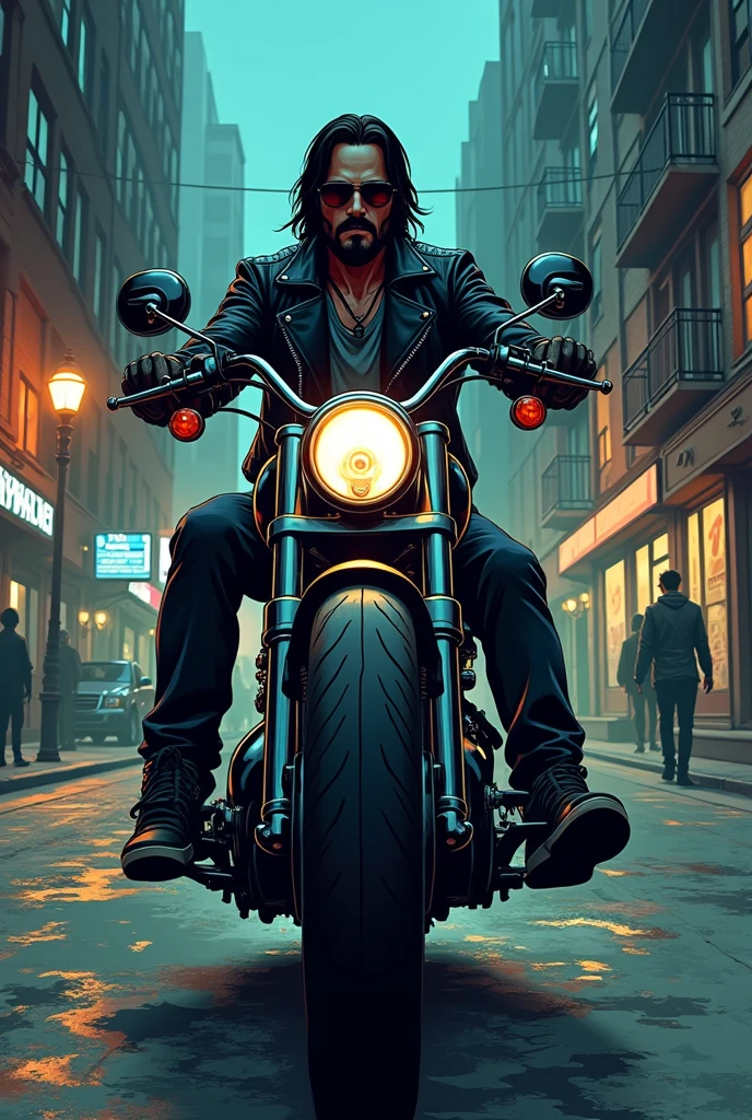 (mid-shot), ultra detailed 2d cartoon manga concept art illustration, 1man, looks like keanu reeves in the movie John wick, wearing black leather biker jacket and oakley sunglasses, full beard, riding diary chopper motorcycle on city street, crime and danger、Tension and suspense、Reflections on the avant-garde and the low ebb、Shady、evocative composition