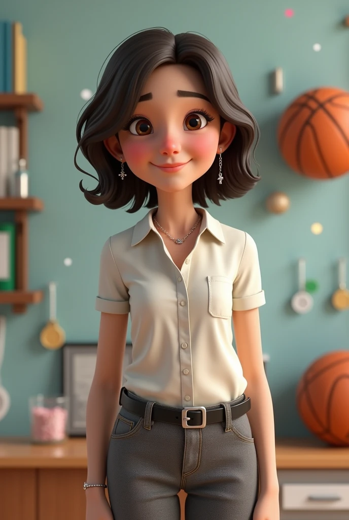 ager, with dark brown hair, dark brown eyes, wavy hair somewhat curly, Shoulder-length hair cut in layers, parted almost in the middle but not completely in the middle, somewhat disheveled, without bangs but with strands around the face, not so skinny, White skin, 1.65cm tall, not so skinny pero tampoco gorda, somewhat round face, small nose and mouth, eyes not a little Chinese but big. Include in the background something related to excel the logo, basketball, programming, test tubes or a periodic table of chemistry, and win medals or competitions. cheered up. CLOTHES: grey formal dress pants, button down dress blouse, black belt, Small hoop earrings with a silver-plated hanging cross and silver-plated rings. that looks young, study high school. not anime style. Make it animated something 3D. Strike a more casual pose. Keep what I asked for in the background. Smile without showing teeth. not so thin. More disheveled, a more adolescent air. Eyes not so far apart, a little more disheveled.