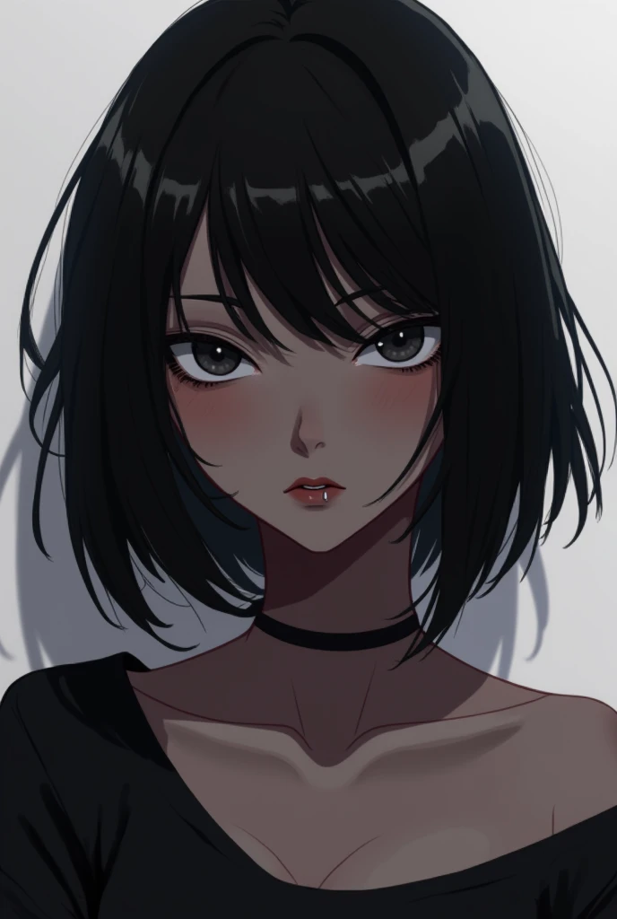 Make me an anime style character, with appearance not distinguished as male or female, shoulder length black hair, Lower lip piercing, dark-skinned