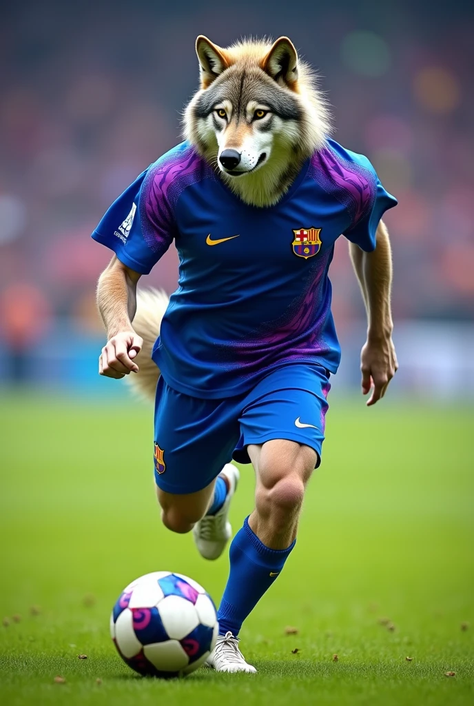 Wolf in blue and purple soccer uniform with ball at foot 